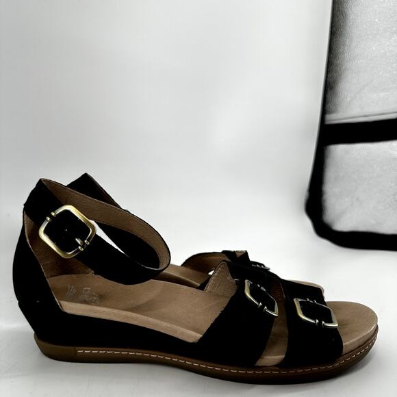 Dansko Astrid Wedge Sandals Nubuck Leather Scotchgard Ankle Strap Buckle Black 8 - Picture 3 of 7